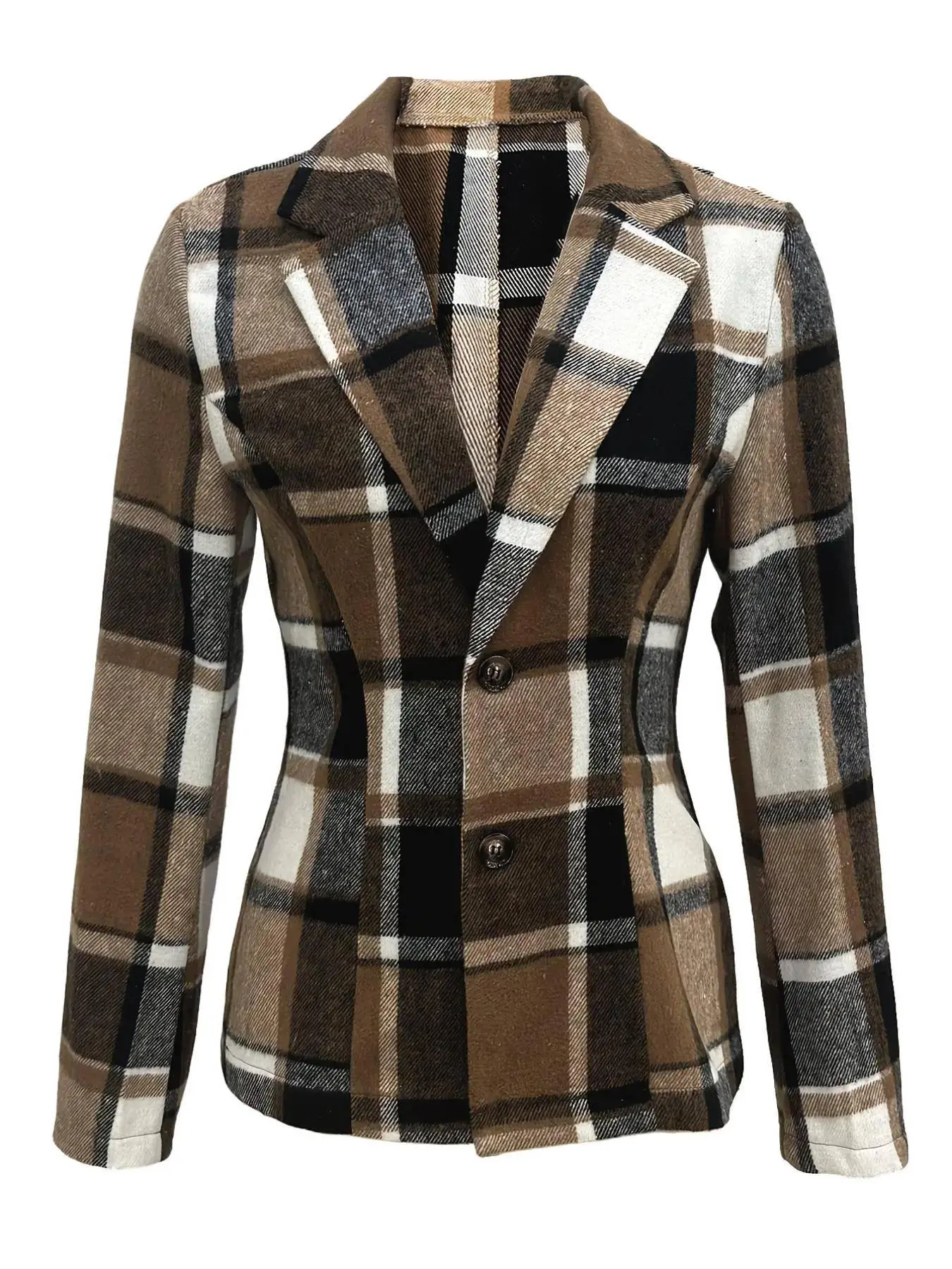 Women's Plaid Print Woven Button Front Lapel Neck Coat Casual Long Sleeve Blazer Jacket
