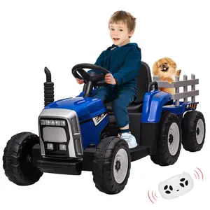 GARVEE 12V Ride-On Tractor with Trailer and Remote Control, Electric Vehicle Car for Toddlers Featuring LED Headlights, 2+1 Gear Shift, MP3 Player, USB, Speed up to 5mph, 35W Motor, EVA Tires, Blue Color