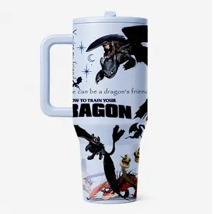 1 Pc 40oz insulated mug, Flasks, large capacity vacuum cup, double wall, leak proof, Stainless, with handle and lid, skinny design, for hot cold drinks, keep hot 12h cold 24h, How to Train Your Dragon print, fan gift for kids teens, movie lovers