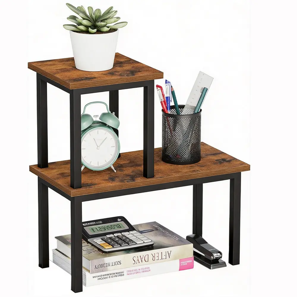 Rustic Brown Desktop Organizer - 2-Tier Adjustable Freestanding Wooden Shelf, Office Accessories Storage Organization Solution, Organizer Storage for Home Decor, Office, Kitchen Counter
