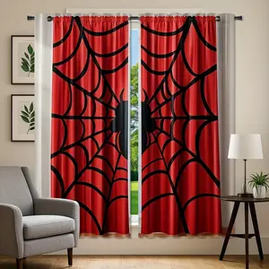 2pcs Black Spider Web & Red Curtains - Contemporary Cartoon Design, 100% Polyester Semi-Translucent Rod Pocket Curtains, Vibrant Digital Print, Machine Washable for Bedroom & Kitchen Decor, Curtains for Bedroom