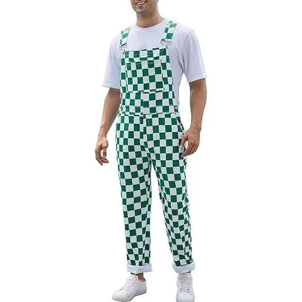 YUANBANG Men's Stretch Denim Overalls Green Checkered Bibs Workwear St Patrick's Day Coveralls with Zipper Closure & 1 Bib Large Pocket
