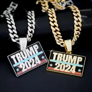 Trump 2024 Hip Hop Street Fashion Rectangle Pendant Cuban Link Chain Necklace for Men Casual Punk Jewelry Gift Zinc Alloy Material