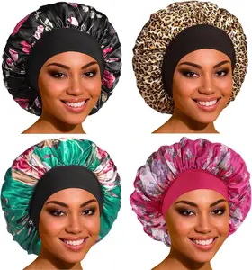 Satin Bonnet Hair Bonnet for Sleeping- 4 Pack Large Silk Bonnets for Women with Elastic Soft Band for Hair Care Braids