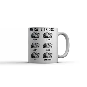 My Cats Tricks Mug Funny Sarcastic Kitten Graphic Novelty Coffee Cup - 11oz Funny Coffee Mugs Ceramic Printed Drinkware Cup