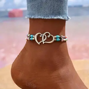 Boho Chic 3Pcs Set Women's Beaded Heart Charms Multi-layer Anklet Exquisite Double-Layer Beaded Heart Anklet for Summer Vacation Beach Wedding Party Jewelry Gift