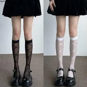 3 Pack Black Sheer Mid Calf Socks - Diamond Cross Pattern, Summer Thin Transparent
