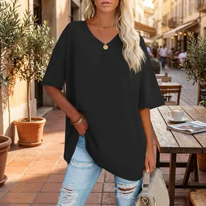 Women's Oversized V Neck Plus Size T-Shirt - Basic Tee for Spring Summer Workout Gym Clothes Beach Vacation Casual Tops Comfortable Breathable Cotton Essential Clothing