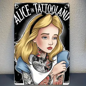 Vintage Alice in Tattoo Land Metal Wall Sign with Bold Black and Red Design for Tattoo Studios and Artistic Spaces