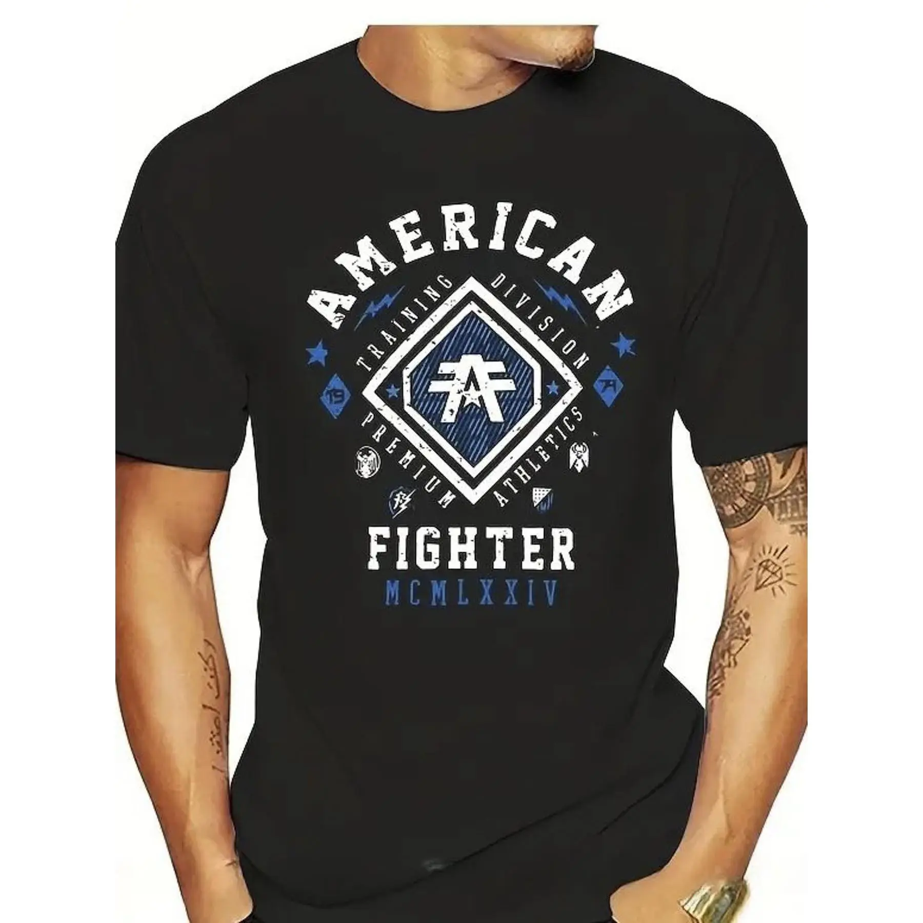 1pc, 100% Cotton, American Fighter Printed T-Shirt, Seasonal Casual Men'S T-Shirt, Round Neck Cotton Short-Sleeved T-Shirt, Casual Outdoor T-Shirt, Christmas Gift, Affilante.