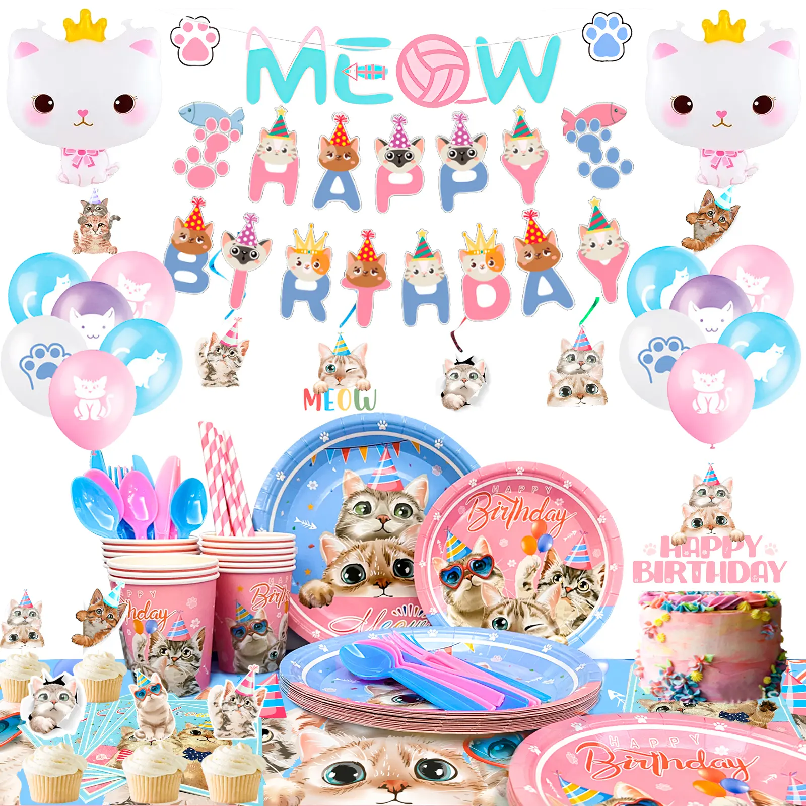 Cat Birthday Party Supplies,183pcs Cat Party Decorations&Tableware Set-Kitten Birthday Party Decorations Balloons Banner&Cat Party Plates Cups Napkins Tablecloth etc Cat Themed Birthday Party Supplies