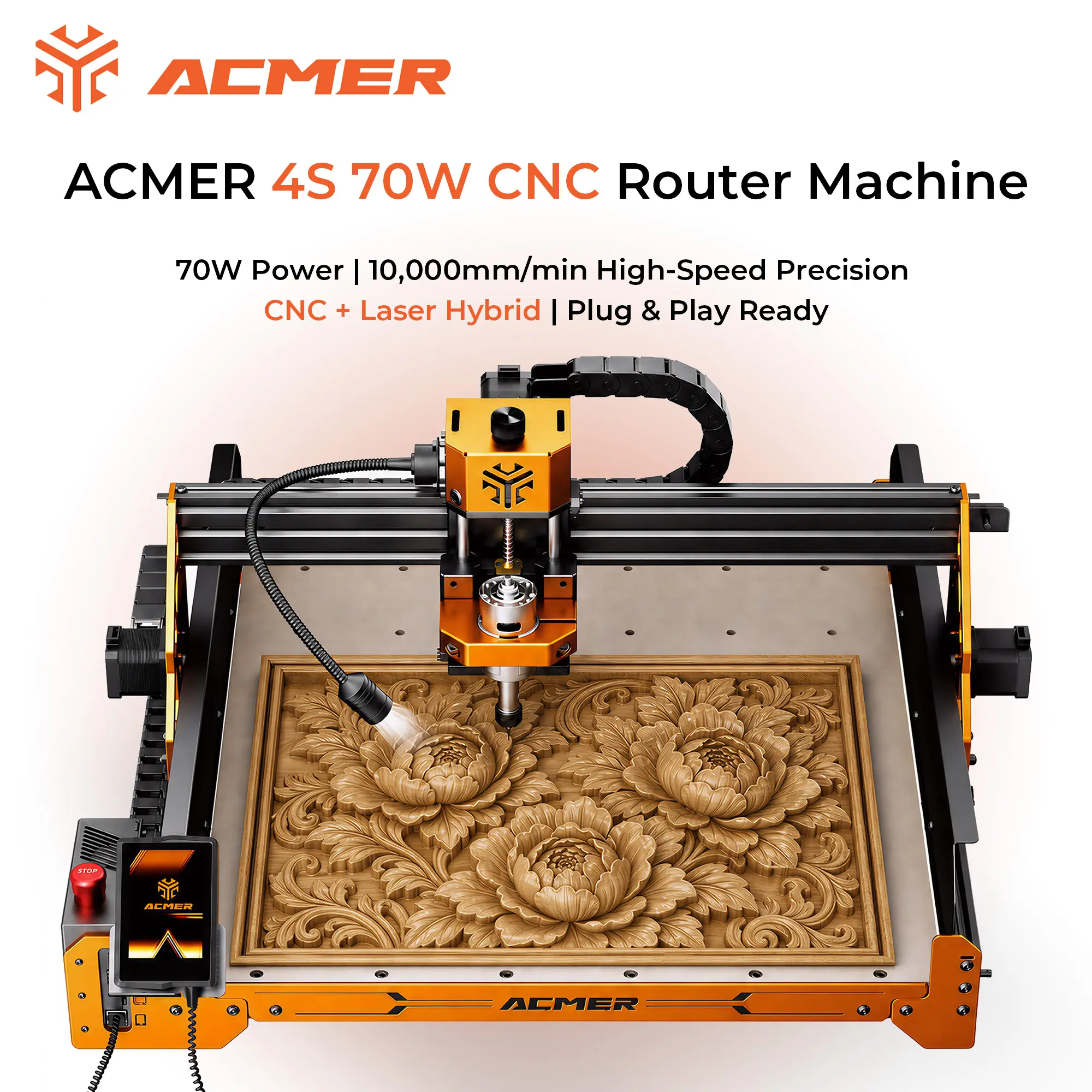 ACMER Ascarva 4S-70W CNC Router Machine | 500W Spindle + Laser Module | 70W Power High-Speed 10,000mm/min | 3.5” Touch Screen | 8-Wheel Stable Structure | Plug & Play Hybrid System