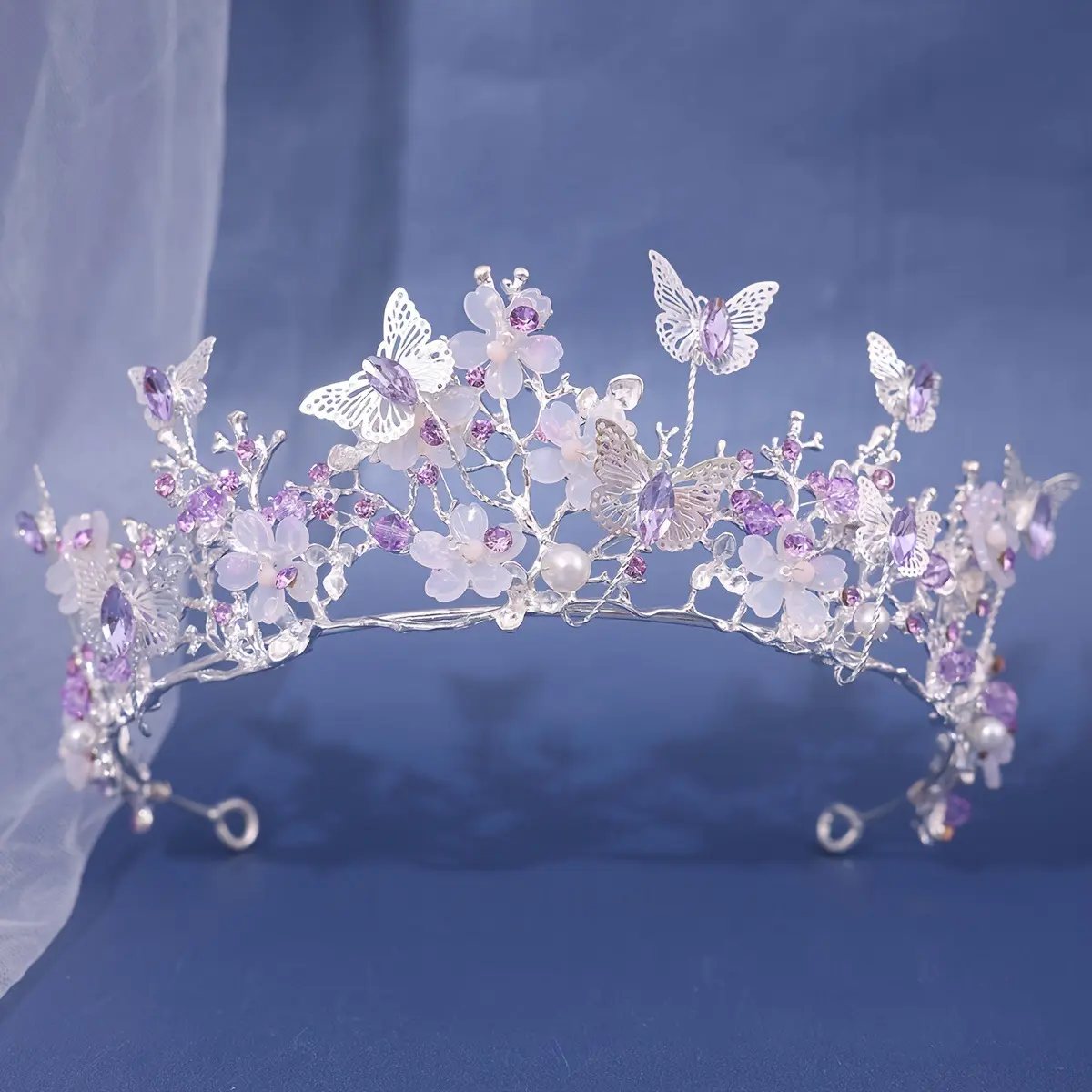 Forest Elf Floral Butterfly Tiara - Handmade Crystal, Elegant Crown Design, Fairy Aesthetic Bridal Hair Accessory for Weddings