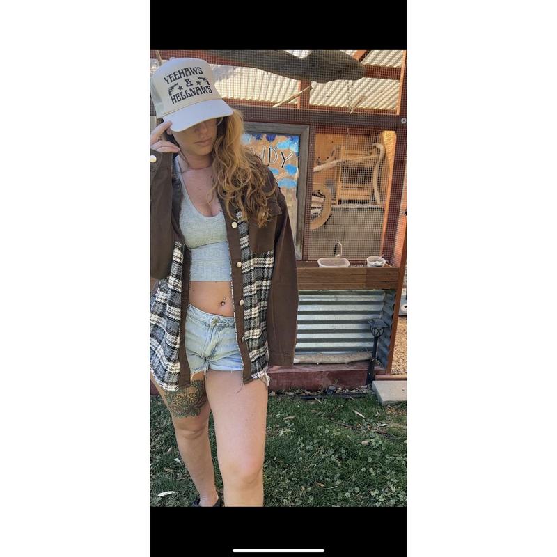 Brown Plaid Patchwork Denim Jacket