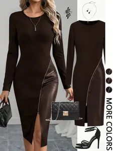Valentine's Day Women's Solid Color PU Leather Patchwork Zipper Bodycon Dress, Elegant Slim Fit Long Sleeve Party Dress, Casual Fashion Clothing