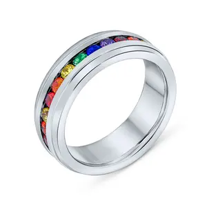 Rainbow Mult Color CZ Eternity Ring LGBTQ Band Comfort Fit Stainless Steel