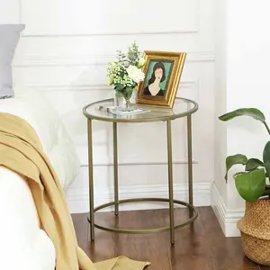 SONGMICS Glass Round Side Table with Metal Frame