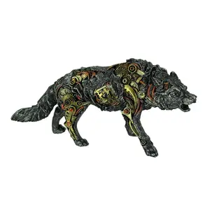 Metallic Silver Finish Mechanical Steampunk Timber Wolf Statue
