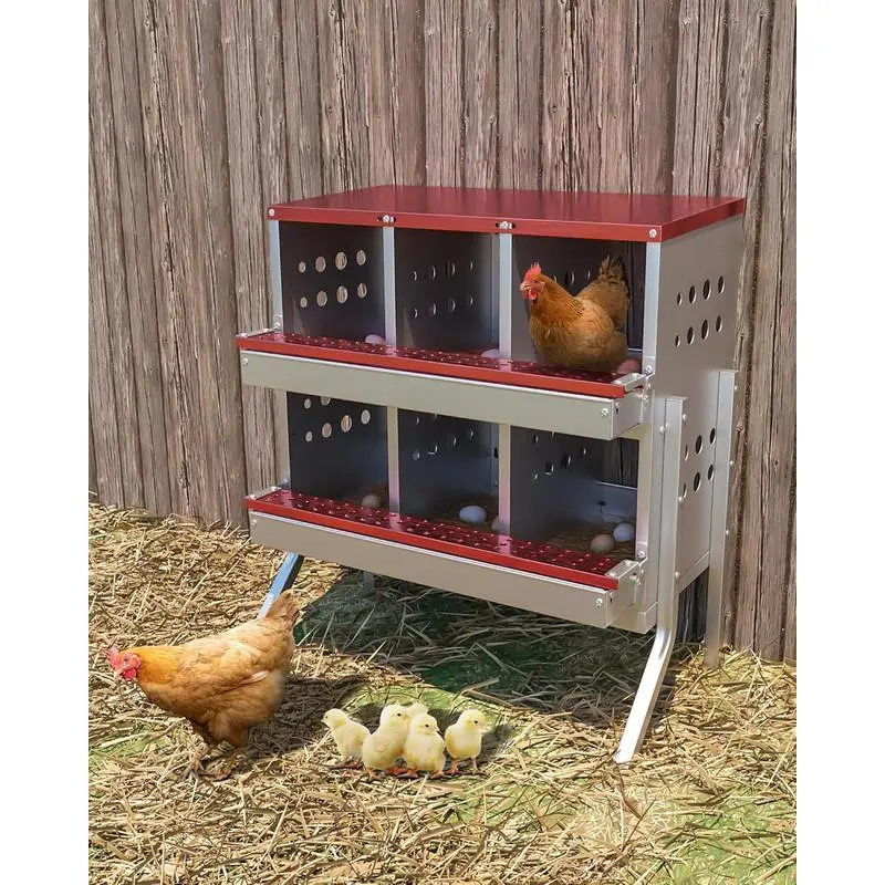 Red Chicken Nesting Box for Laying Eggs, Roll Away Chicken Laying Boxes, Roll Out Nesting Boxes for Hens, 6 Compartments with Legs Poultry Equipment Animal Supplies