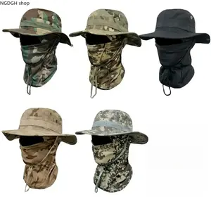 Camouflage Fisherman Hat with Mask,  Outdoor Bucket Hat Set, Boonie HatCamouflage Tactical Hat with Removable Neck Flap, Full Sun & Wind Protection, Adjustable Chin Strap, Great for Camping, Tactical Games, and Outdoor Work