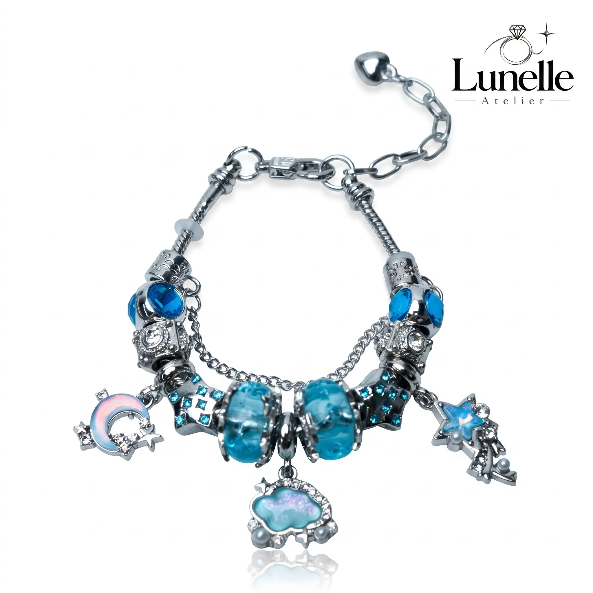 Women's Celestial Cloud Moon Star Dangle Charm Bracelet - Electroplated Copper Alloy, Glaze Glass Beads, Snake Chain, 9-in Adjustable Heart Extension Clasp, Layered Artificial Gemstone Wrist Jewelry for Everyday Wear, Holiday Gifts
