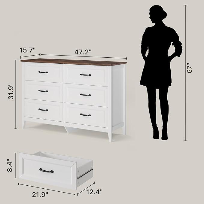 Gizoon 47.2" Dresser for Bedroom 6 Chest of Drawers Modern Drawer Dresser Wood TV Stand for Living Room with Smooth Rail Metal Handles Anti-tipping Hallway Girl Apartment Furniture Space-Saving