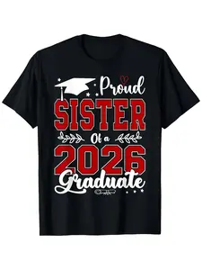 Proud Sister of a 2026 Graduate T-Shirt - Red Retro 2026 Print Crew Neck Tee, Loose Fit Size Suitable for -2026 Graduation Party Outfit Gift, Year-Round Casual Wear for Celebration, PLUS SIZE