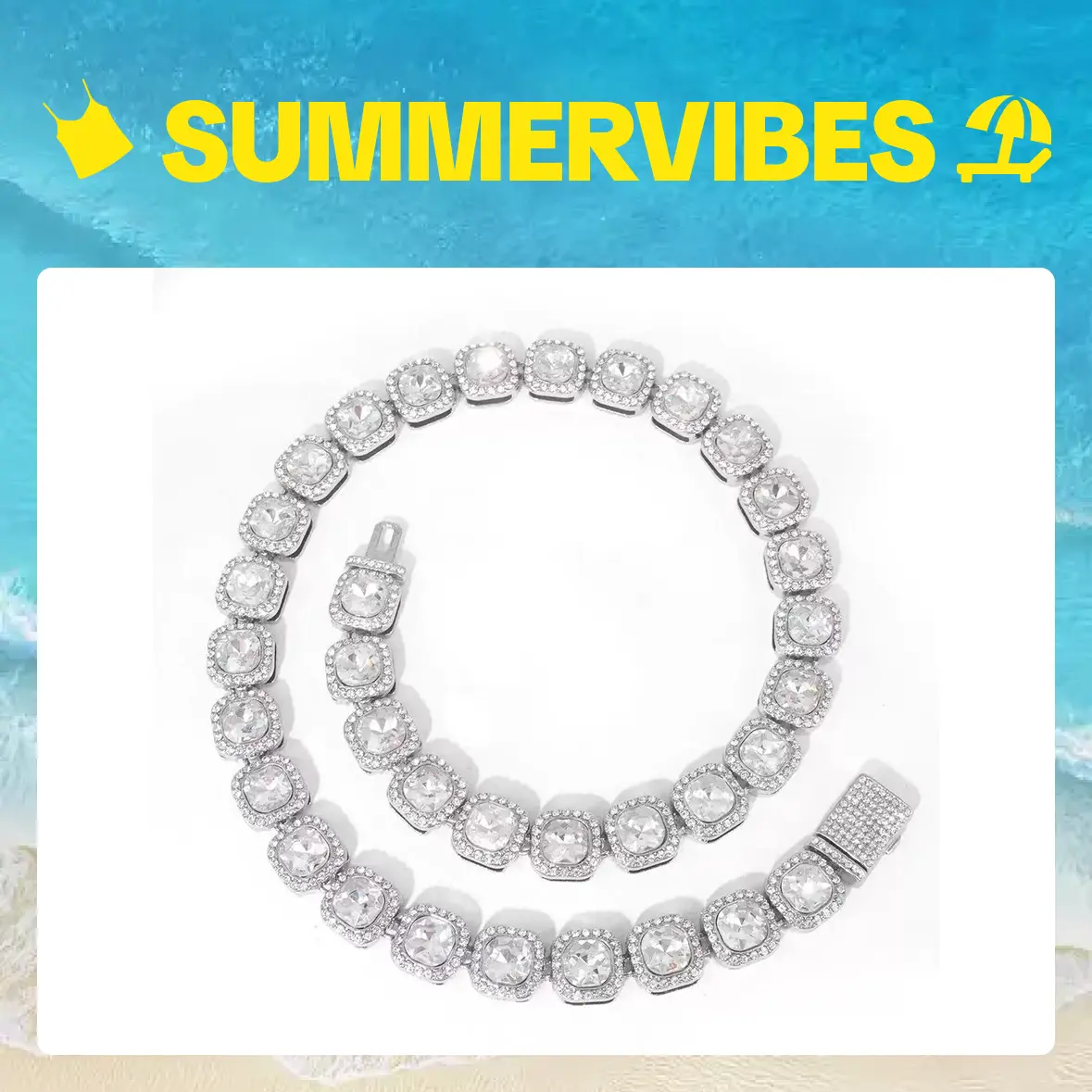 Male Metal-Coated Iced Out Tennis Chain, Elegant Geometric Square Cut Clustered Link Necklace, Versatile Rapper Streetwear Costume Jewelry Must-Have, Must-Have Jewelry men's jewelry trendy costume jewelry