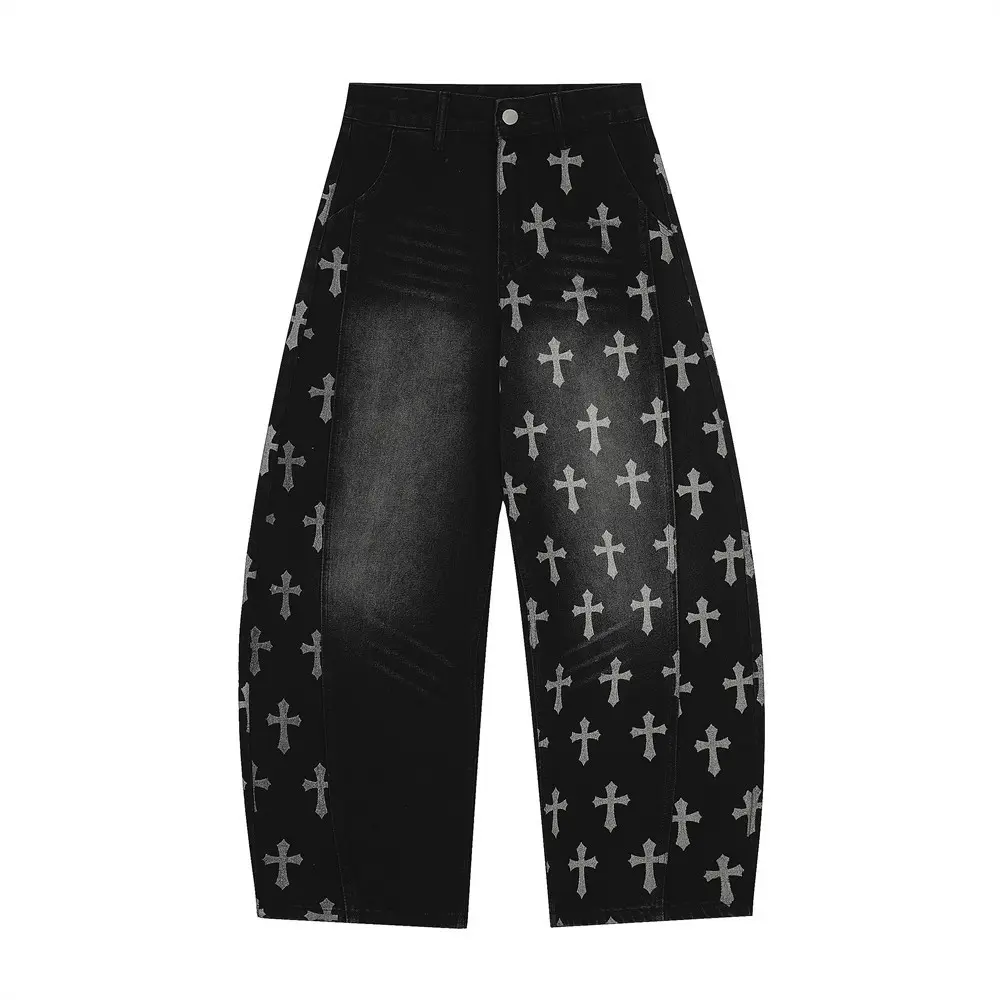 inflation Men's All-Over Cross Print Scimitar Jeans, Punk Street Denim with a Loose Wide-Leg Fit and Distressed Wash, Menswear, Trouser, Casual, Streetwear, Baggy, Oversized, Pants, Criss Cross, All Seasons, Clothes