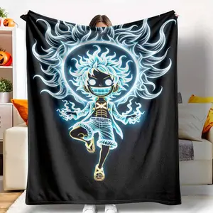 Anime Warrior Glow Flannel Blanket Neon Energy Aesthetic Print Super Soft Lightweight Breathable Cozy Warmth Perfect For Sofa Couch Bedside Lounging Travel Camping Decor Gifts