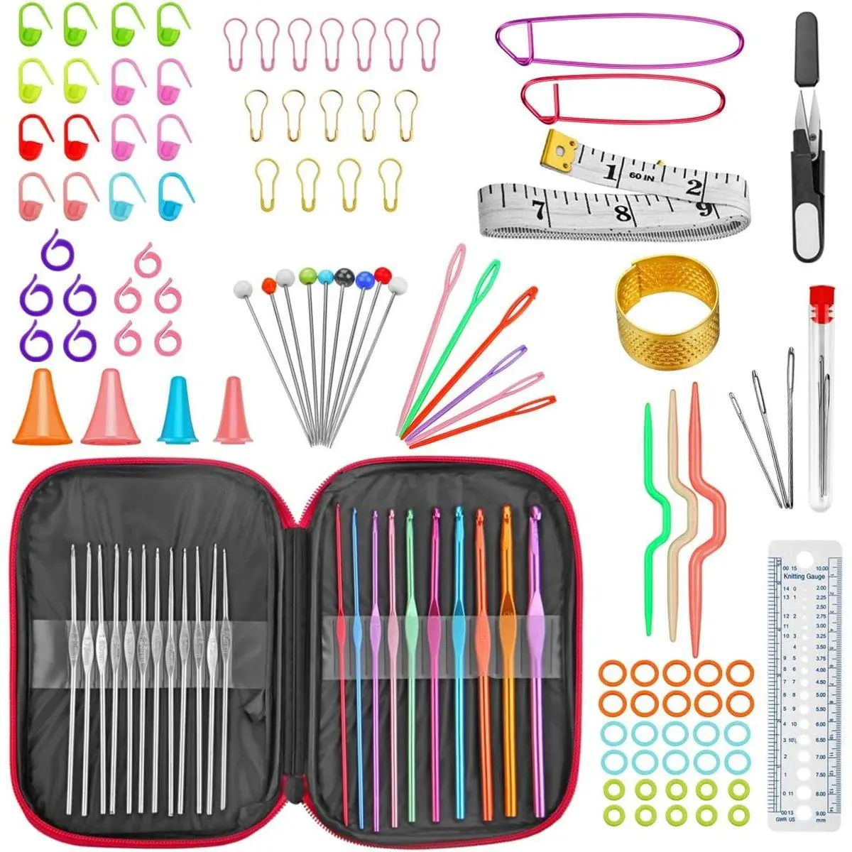 100 Pcs Crochet Hook Set with Yarn Knitting Needles Sewing Tools Full Set Knit Gauge Scissors Stitch Holders Household Tool Kit
