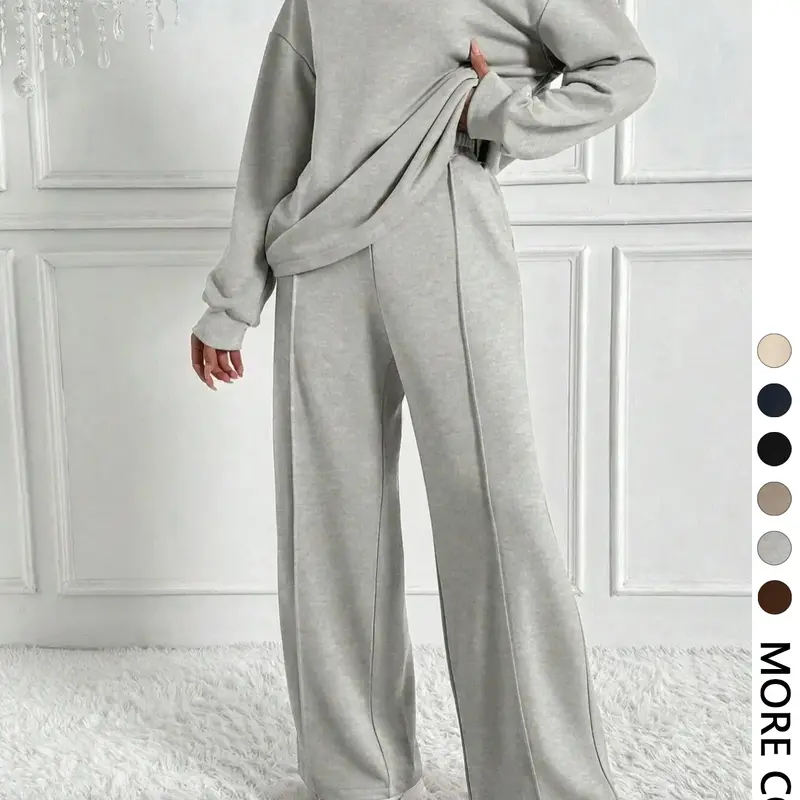 Women's Solid Color Drop Shoulder Sweatshirt & Elastic Waist Pants Two-piece Set, Casual Fashion Cozy Breathable Two Piece Outfits for Daily Outdoor Wear, Women Clothes for Spring & Fall