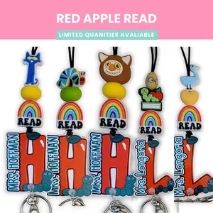 Mommie Peas Creations Signature Apple "Read" Lanyard Personalized Silicone Bead Teacher Accessory with Quick-Release Clasp & Custom Name Charm