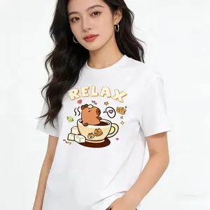 Minimalist Design Korean Style T-shirt For Men Women Simple Printed Oversized Breathable Fabric Top Womenswear Cotton Day Soft Thick Tshirt Streetwear Summer Crewneck Casual Shortsleeve White Capybara Cartoon