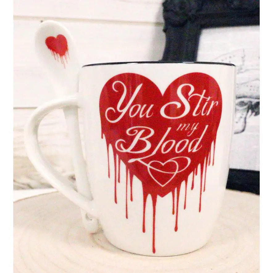 13oz Funny Vampire Love Valentine Ceramic Coffee-Tea Mug and Spoon Set - Lead-Free Heart Print Round Cup Pottery Kitchenware for Romantic Gifting