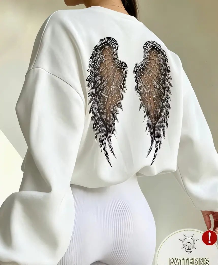 An autumn/winter classic round-neck sweatshirt featuring a simulated hollow-out design with full-diamond angel wings printed on the back, and a loose, oversized streetwear style