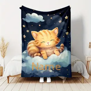 Personalized Ginger Tabby Cat Blanket - Custom Name/Text on Cute Sleeping Kitten & Stars Design, Super Soft Plush Flannel Fabric, All-Season for Bed, Sofa, Office, and Travel - Ideal Cozy Gift for Cat Lovers, Girls, and Housewarming
