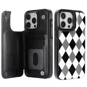 Elegant and stylish creative black and white geometric grid pattern anti-drop leather card holder phone case,for iPhone 17 Pro Max Phone Case 17 Air 16 15 Plus 14 13 12 , Samsung Galaxy S25 ULTRA FE Plus S22 S23 FE S24 Plus