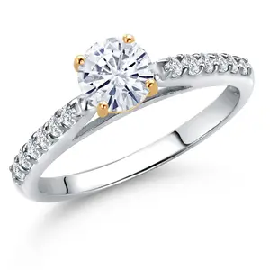 Gem Stone King 10K Two Tone Gold Round 5MM Gemstone Birthstone and Lab Grown Diamond Engagement Ring For Women | Wedding Anniversary Promise Ring For Women | Size 5,6,7,8,9