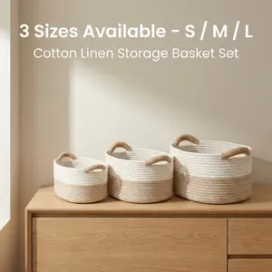 3-Piece Woven Storage Basket with Handle Set – S/M/L Cotton Linen Organizer for Living Room, Bedroom & Closet