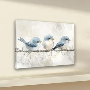 1pc Blue Bird Watercolor Canvas Art Print - Wooden Frame Wall Decor with Three Blue Birds on Wire,Spring Seasonal Theme,Serene Blue Bird Canvas Mural,High Quality Print,Perfect for Living Room and Bedroom Decoration,Natural Inspired Art Works,Bird Decor