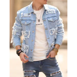 Men's Slim-Fitting Long Sleeve Solid Cotton Denim Jacket - Distressed Detail, Flap Pockets, Non-Stretch Fabric, Machine Washable, Casual Streetwear Top Coat