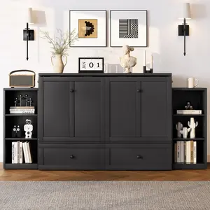 [Bellemave]Full /Queen size Murphy bed with spacious storage drawers and shelves.Ideal for guest rooms or compact bedrooms.Vintage Dark Gray