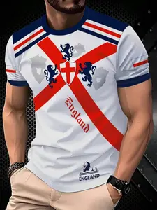 Men's 3D Printed Sports Short Sleeve Shirt, Casual Sportswear, England Theme T-Shirt, Football Culture, Casual Travel Wear, All Seasons Wear, Fashionable, Washable, Fan Exclusive