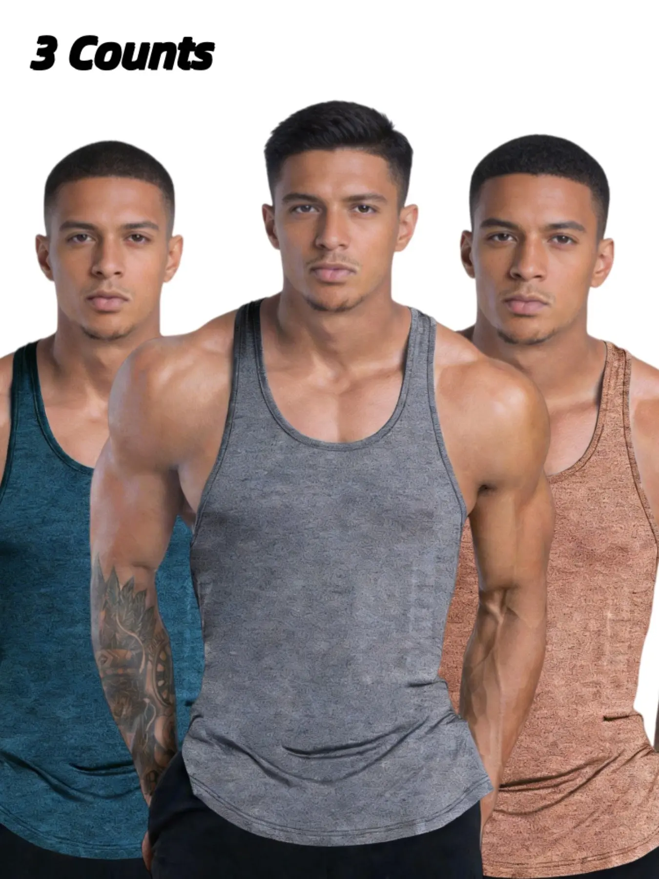 Men's All-Seasons Outfits Pure Color 3 Pack Workout Tank Tops, Quick Dry Sleeveless Gym Shirts, Curved Hem Athletic Muscle Tees for Running, Training & Fitness, Workout Vest, Fitness Activewear, Sleeveless Sports Vest, Athletic Training Apparel