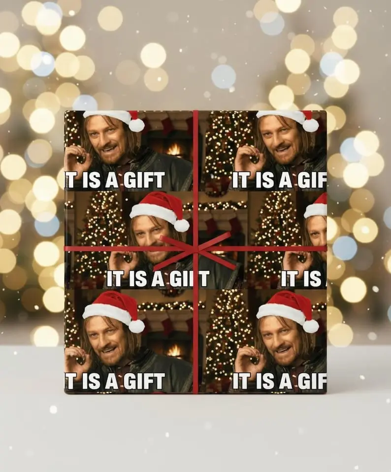 Boromir It Is A Gift Christmas Wrapping Paper, LOTR Gift Wrap, Funny Secret Santa Gift Wrap, Boromir Santa Hat, LOTR Meme, Lord of the Rings