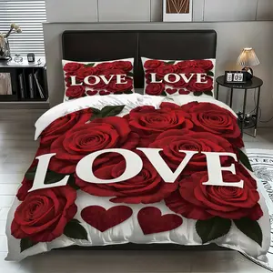 3-piece quilt cover set (1 quilt cover +2 pillowcases, no core)LOVE red rose love print soft and comfortable bedding, suitable for all rooms including hotel bedrooms and rooms