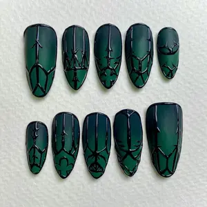 Gothic Fairy Gate Green Press On Nails - Green Black Ombre with Haunted Gate 3D Design - Handmade Dark Fantasy Fake Nails