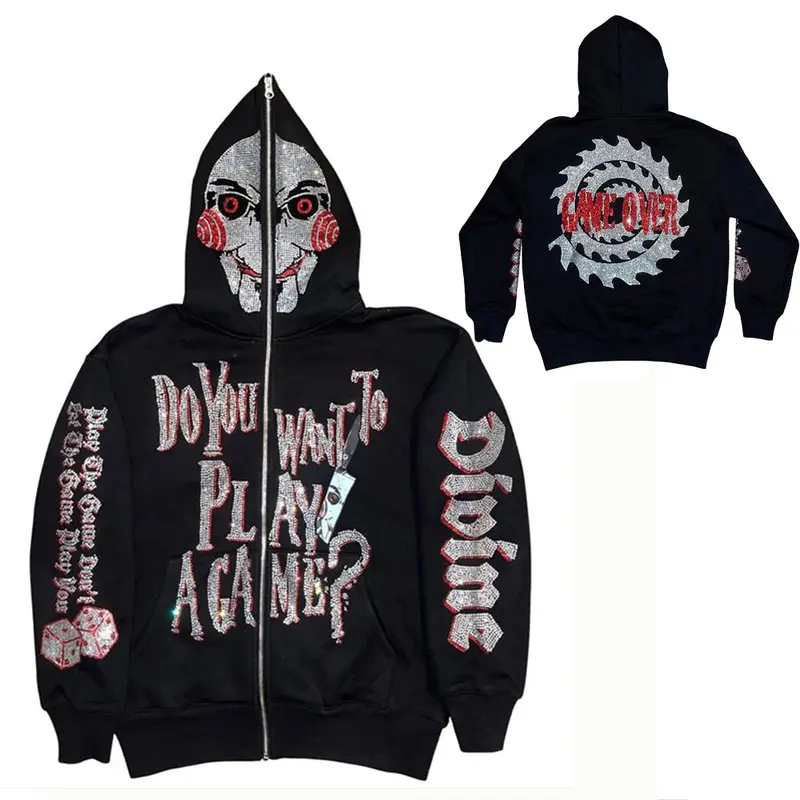 Unisex Rhinestone Zip-Up Casual Hooded Mask  jacket, Streetwear Pullover hoodie for Women and men ,Comfortable for Fall/Winter, Everyday Comfort Appare,Trendy hip hop Long Sleeve Sweatshirts ,Womenswear Tops
