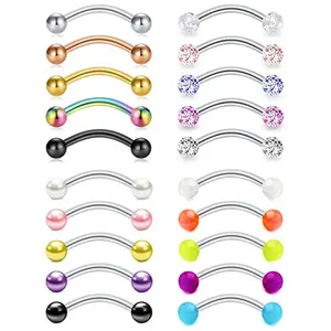 16-Piece Curved Barbell Piercing Set, Eyebrow & Lip Jewelry with Multi-Color Balls, Glitter Tops & Metallic Finishes, Durable for Everyday & Playful Styling